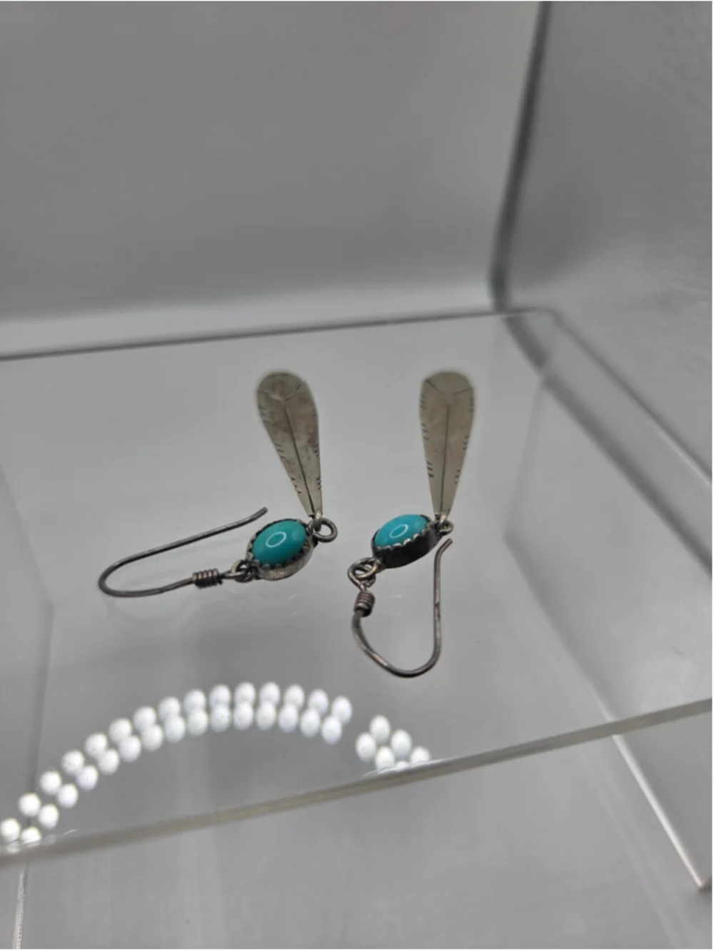 Vintage Sterling Silver Feather Turquoise Dangle Earrings